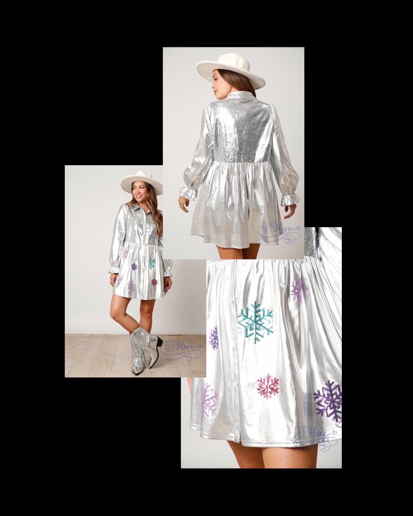 PREORDER: Winter Wonderland: Metallic Foil Snowflake Babydoll Mini Dre PREORDER: Winter Wonderland: Metallic Foil Snowflake Babydoll Mini Dre
