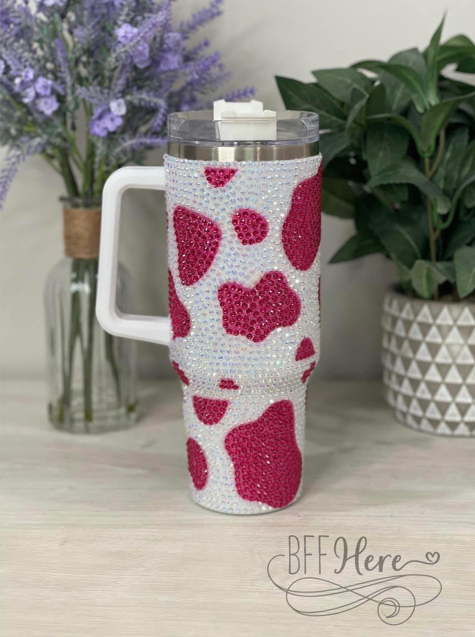 Pink 40oz Rhinestone Tumbler, Pink Cow Print