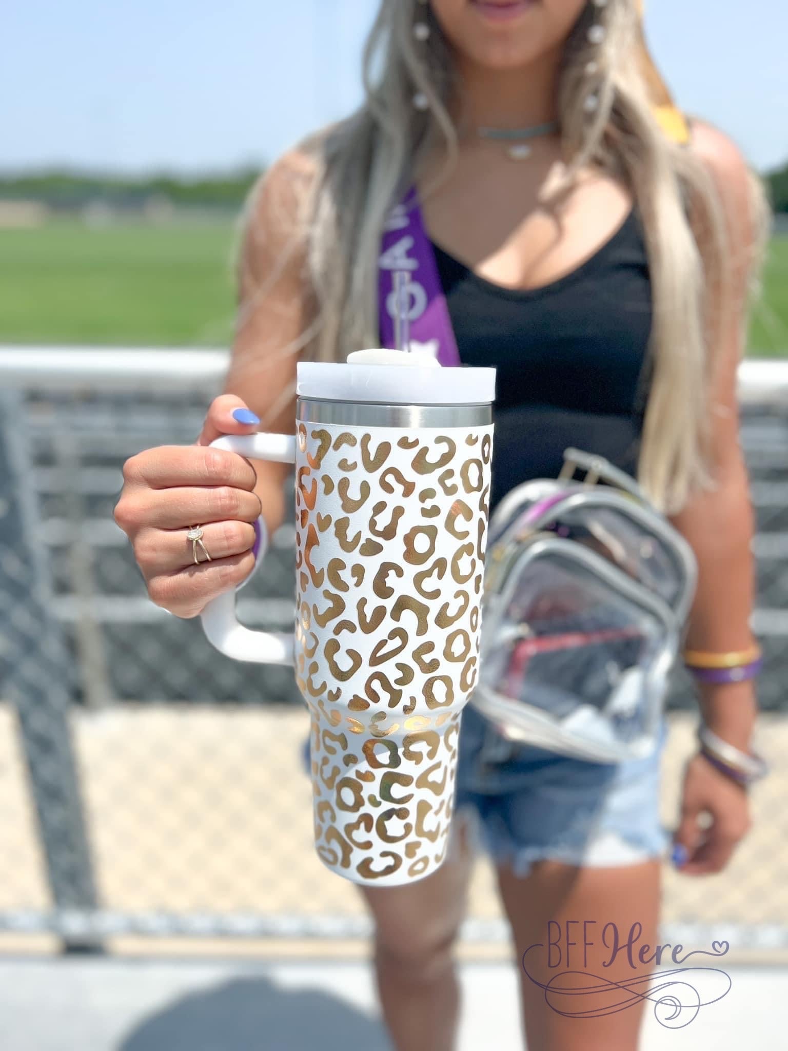 40 oz Iridescent Leopard Print Tumbler with Handle in Hot Pink