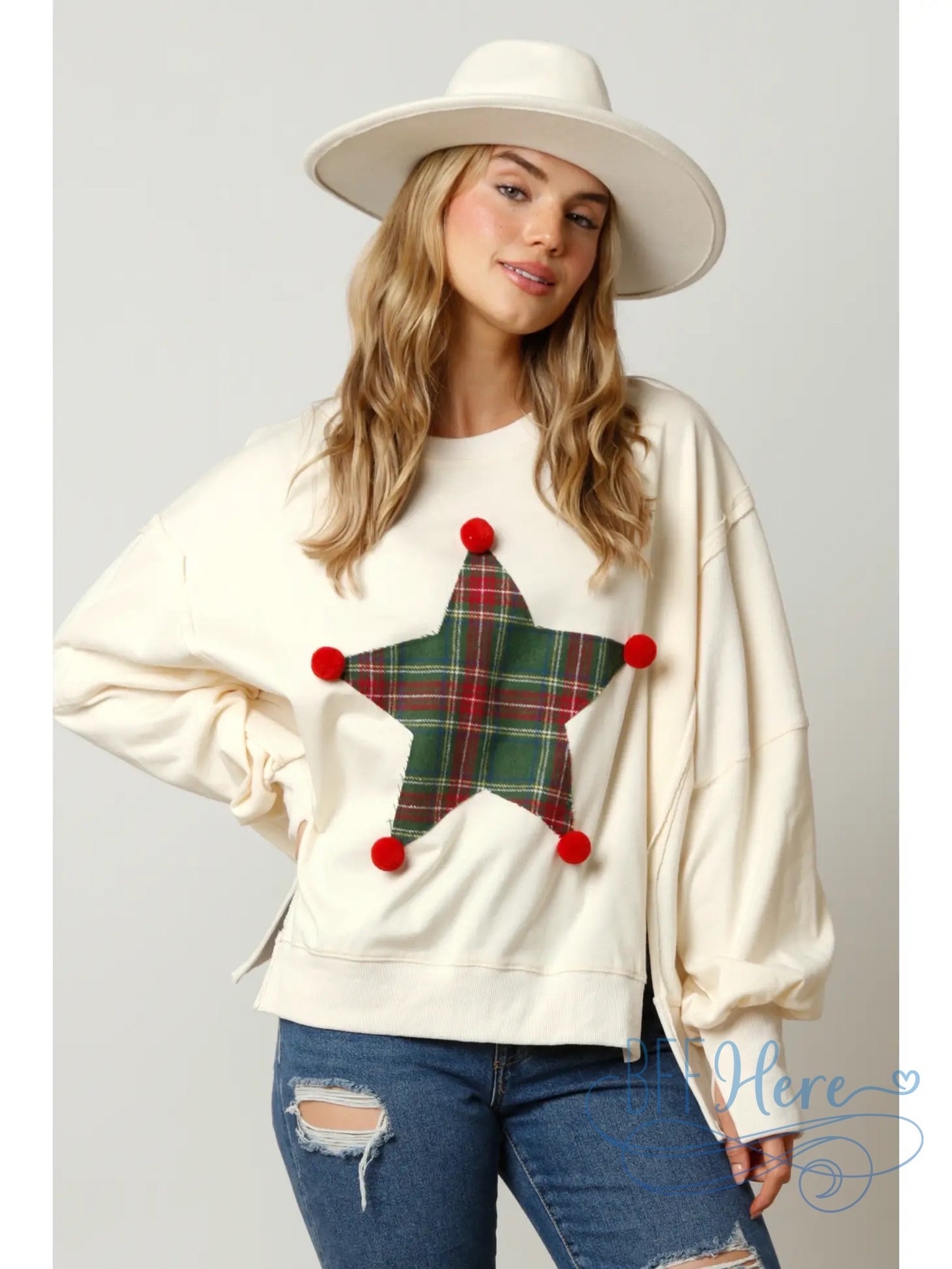 Whimsical Star Plaid Pom Pom Sweatshirt - BFF Here