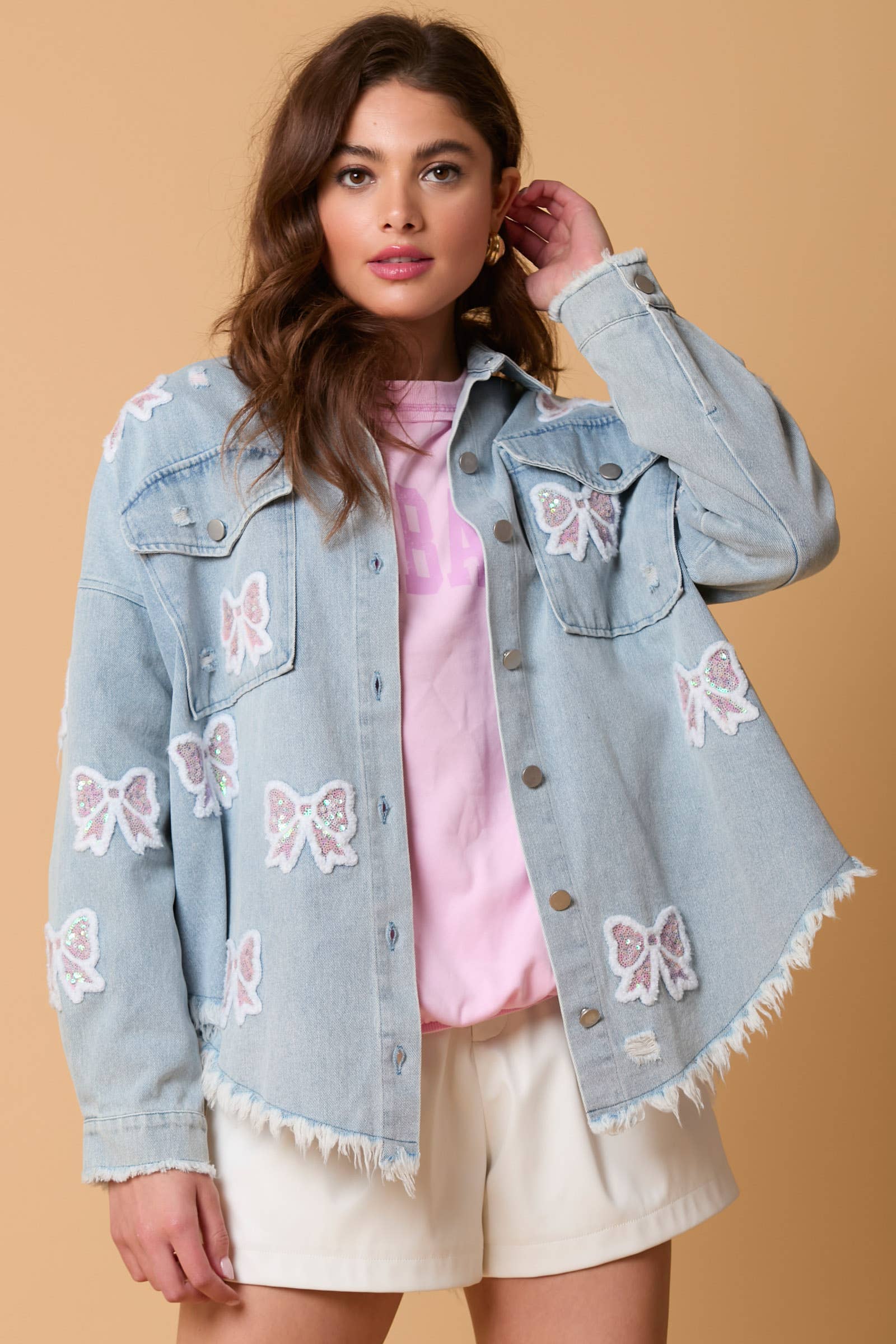 Bow Delight Frayed Denim Shacket - BFF Here