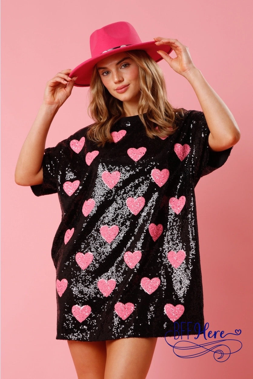 Blushing Hearts: Pink Sequin Shirt Dress - BFF Here