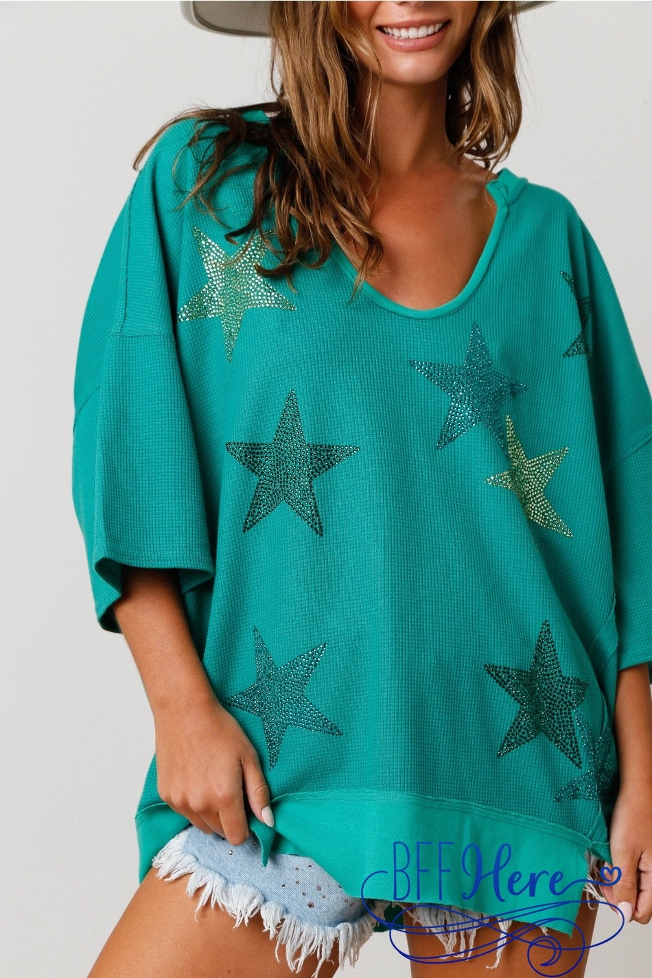 Starry Sparkle: Rhinestone Stars Deep U-Neck Pullover - BFF Here