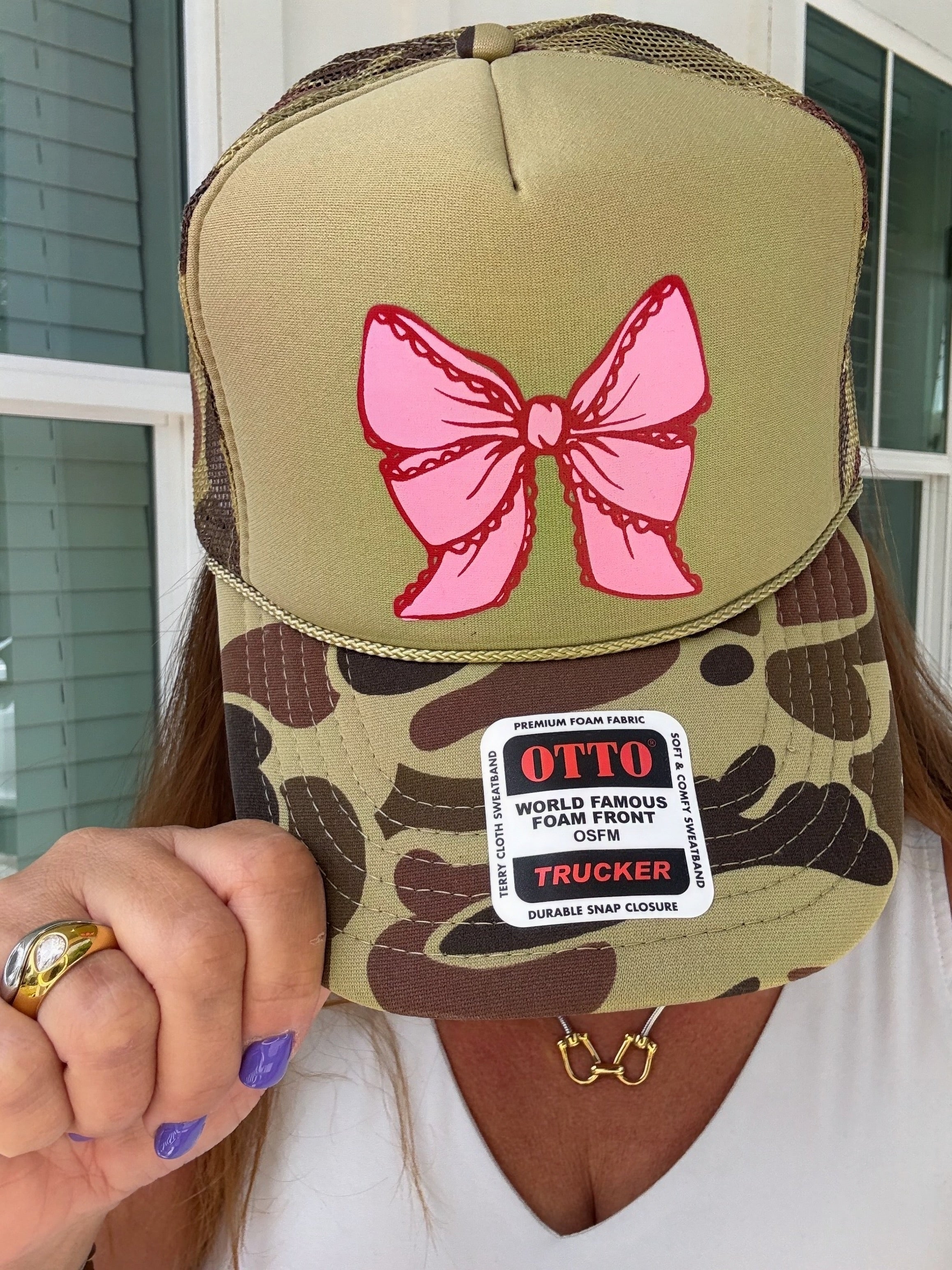 Pink Lace Bow Two Toned Camo Trucker by Southern Bliss (ARRAY) — Ships 2-3 weeks - BFF Here