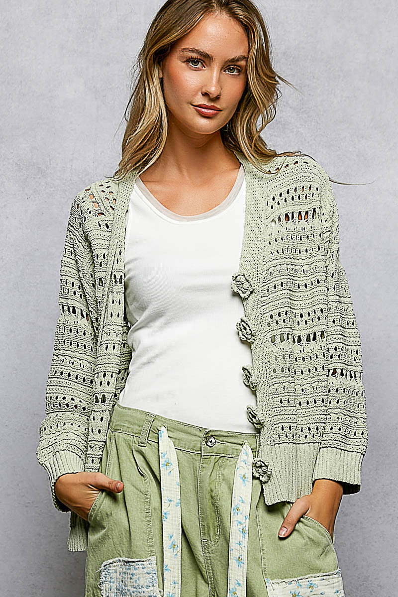 Preorder: 3D Floral Buttons Long Sleeve Thin Sweater Knit Cardigan by POL (ETA: May) - BFF Here