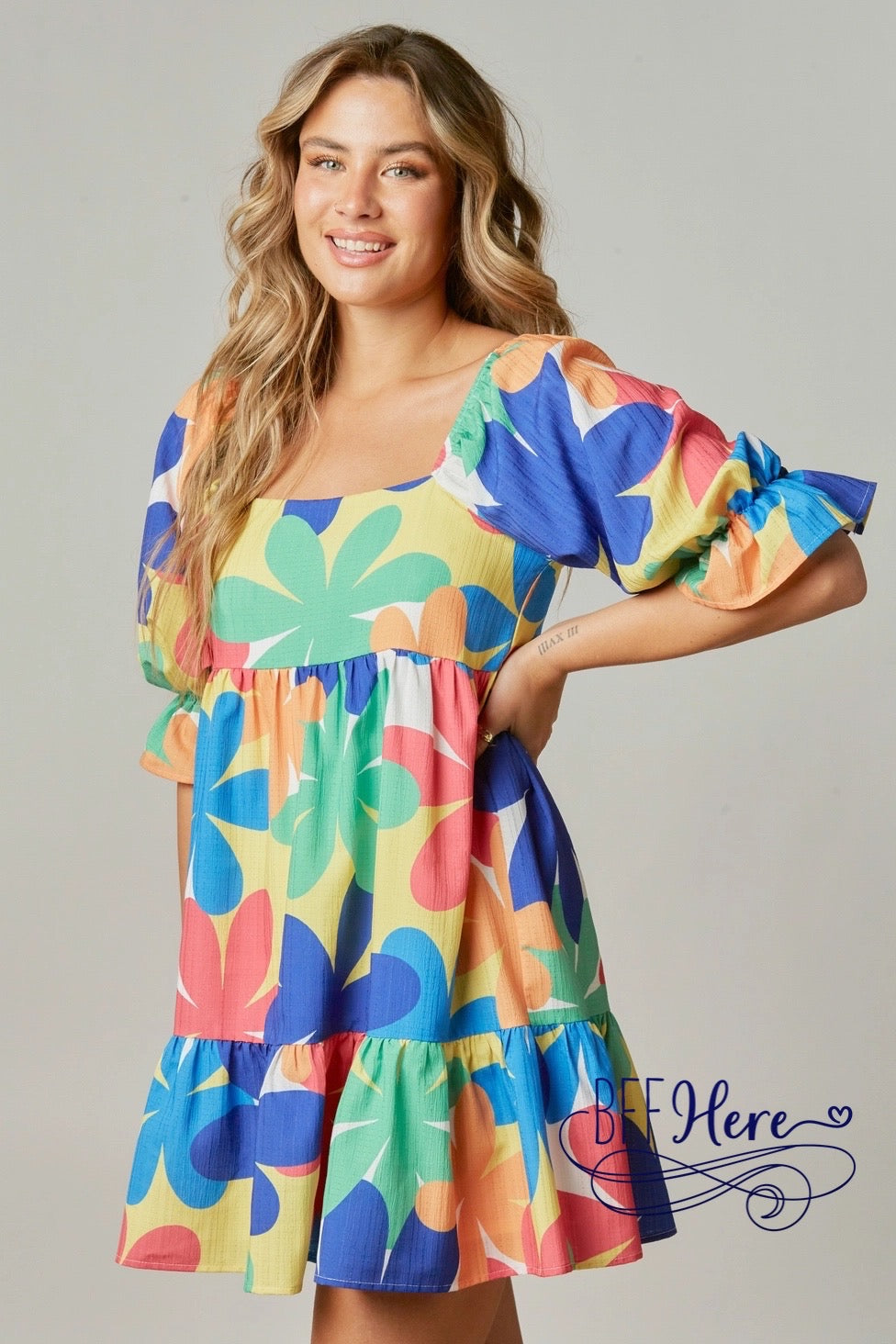 Blooming Spectrum: Multicolor Floral Print Mini Dress - BFF Here