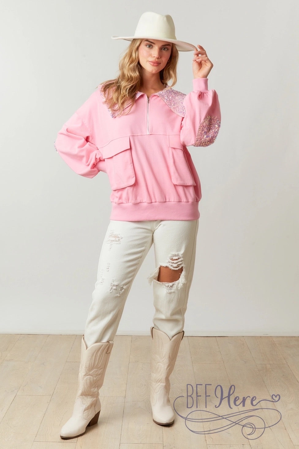 Elegant Fusion: French Terry & Sequin Half-Zip - BFF Here