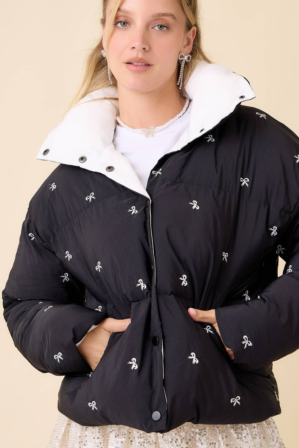 Ribbon Bow Embroidered Puffer Jacket - BFF Here