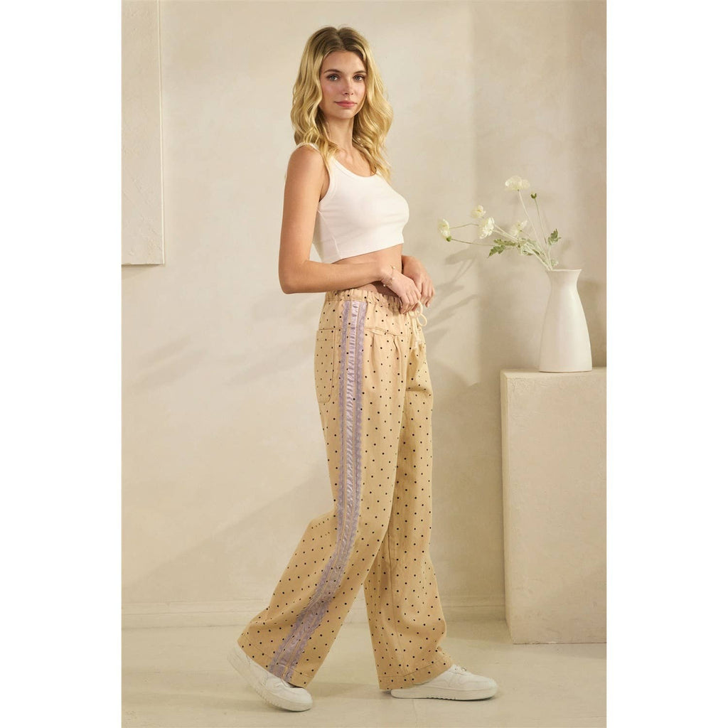 Polka Dot Pants with Satin Contrast Accents - BFF Here