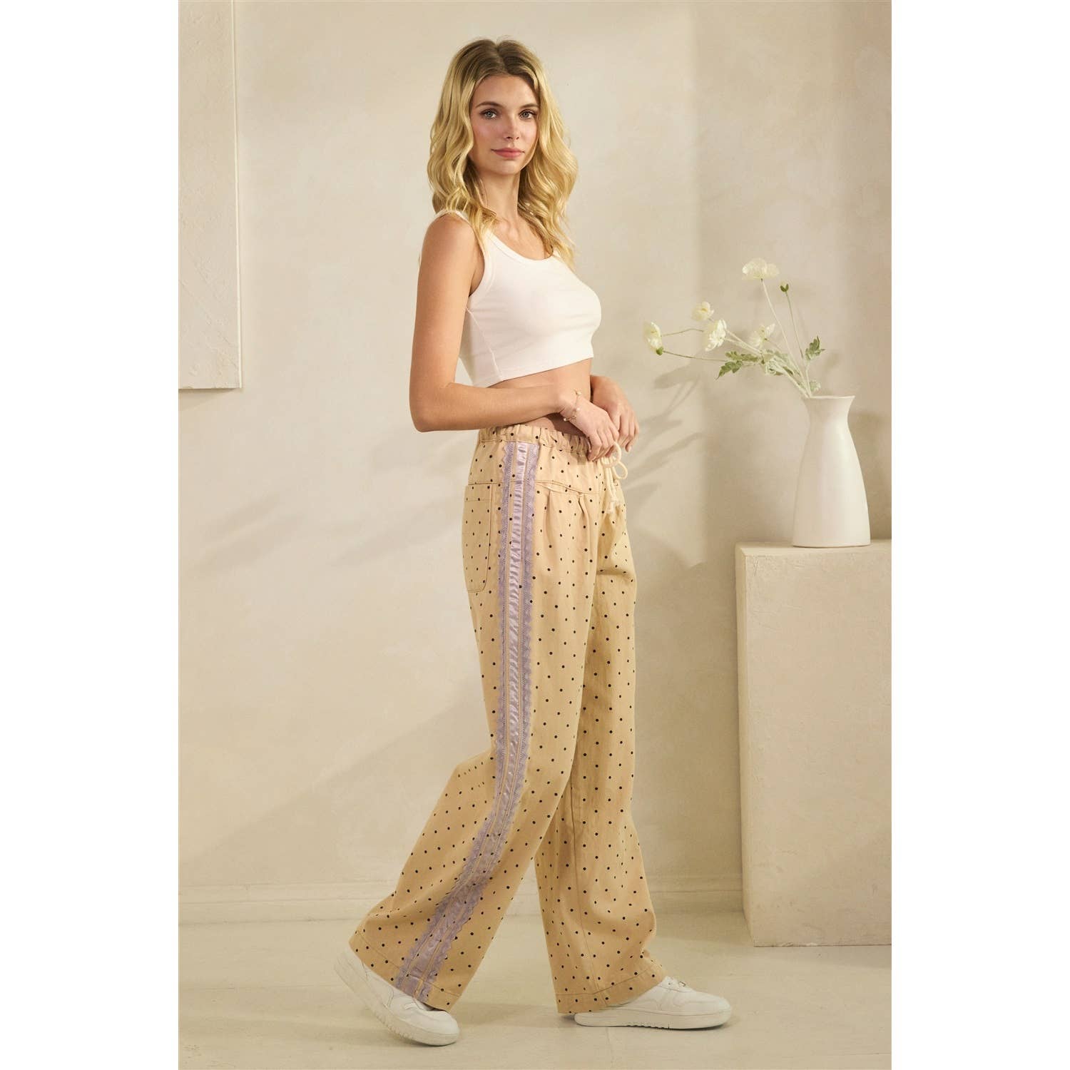 Polka Dot Pants with Satin Contrast Accents - BFF Here