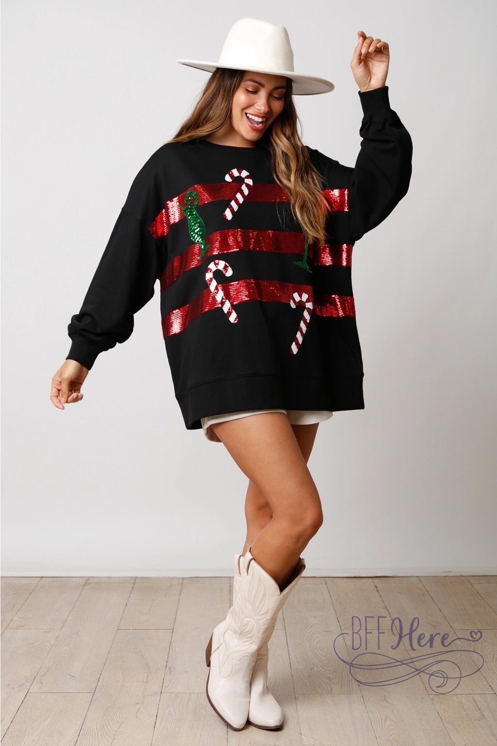 Sips & Stripes: Candy Cane and Holiday Drink Sequin Sweatshirt (Cream Ships Beginning Of November) - BFF Here