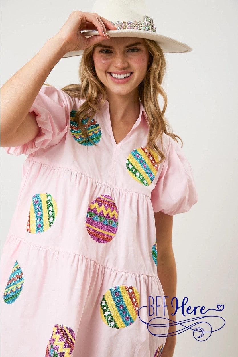 PREORDER: Glittering Egg Hunt: Sequin Easter Poplin Shirt Dress (Ships End of February) - BFF Here