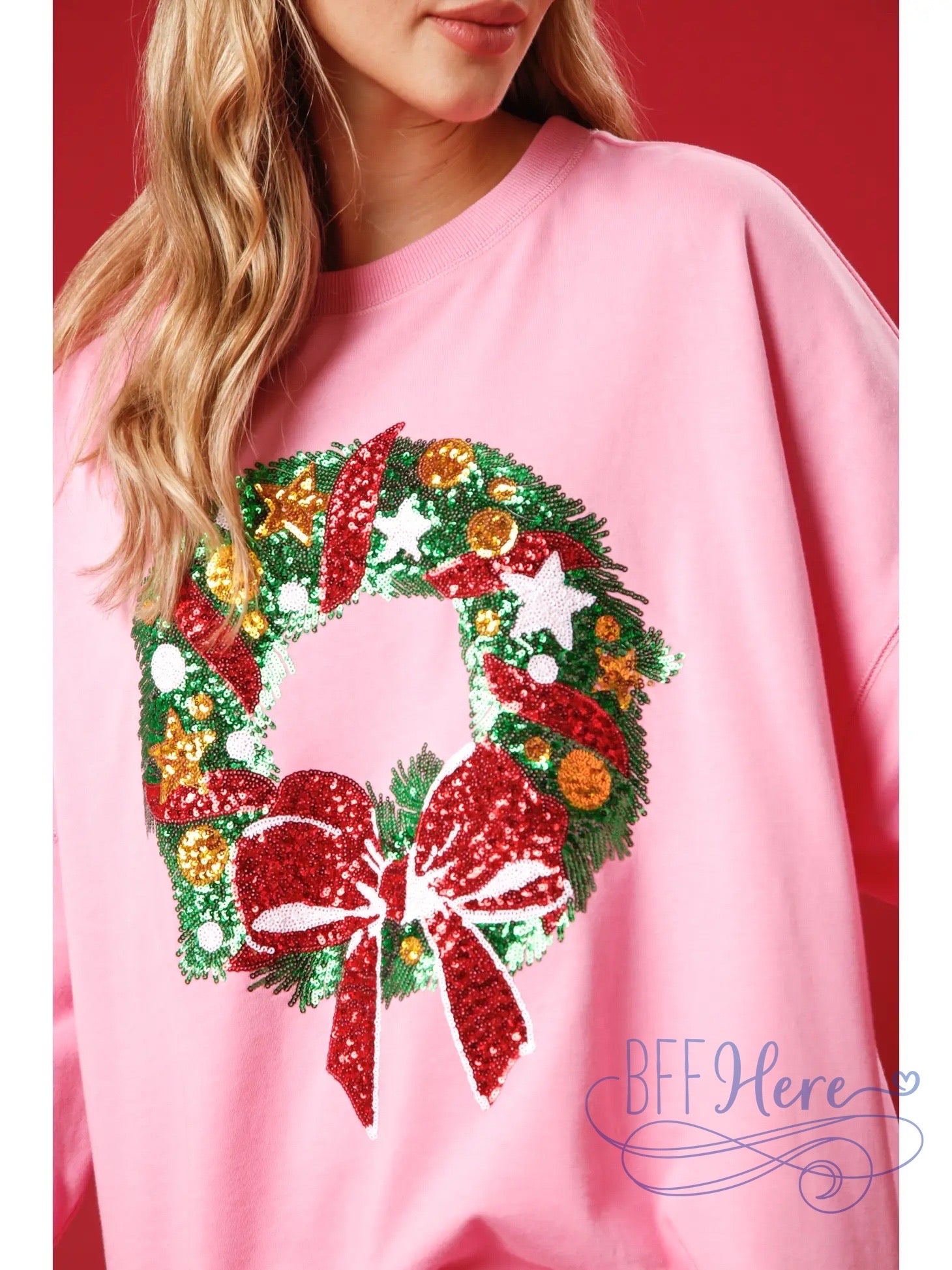 Festive Sparkle Sequin Christmas Wreath Sweatshirt / Choice of Color (Pink Ships Beginning of November) - BFF Here