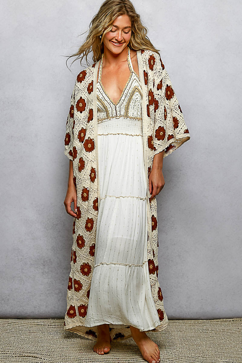 Preorder: Floral Pattern Crochet Maxi Open Cardigan Top by POL (ETA: March) - BFF Here