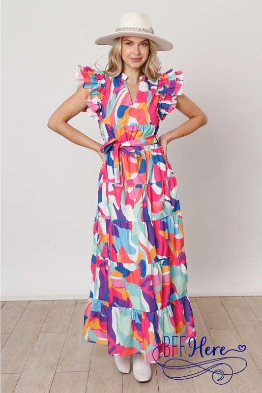 Abstract Artistic Flair: Ruffled Maxi Dress - BFF Here