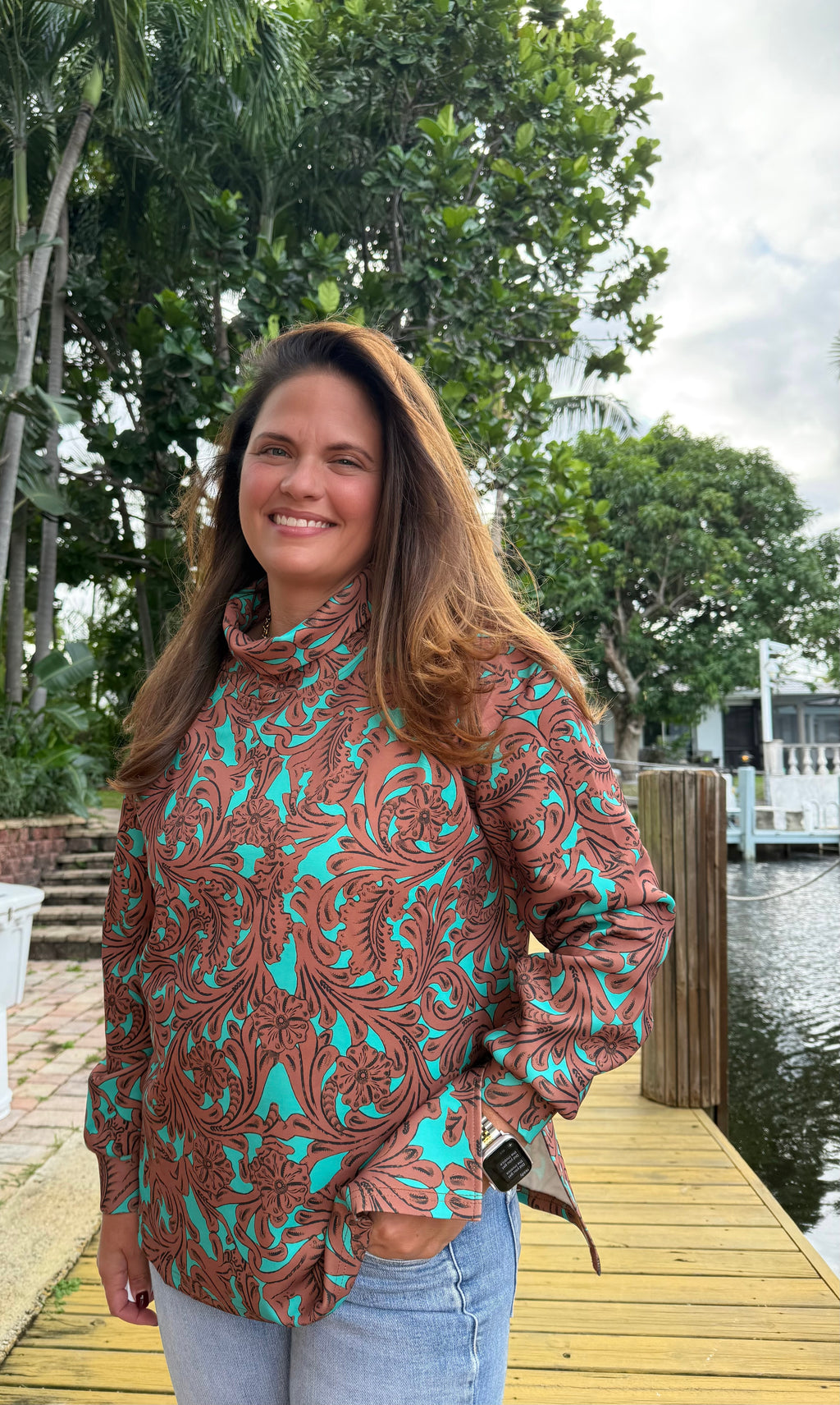 Turquoise Tooled Mock Neck Top by Sterling Kreek - BFF Here