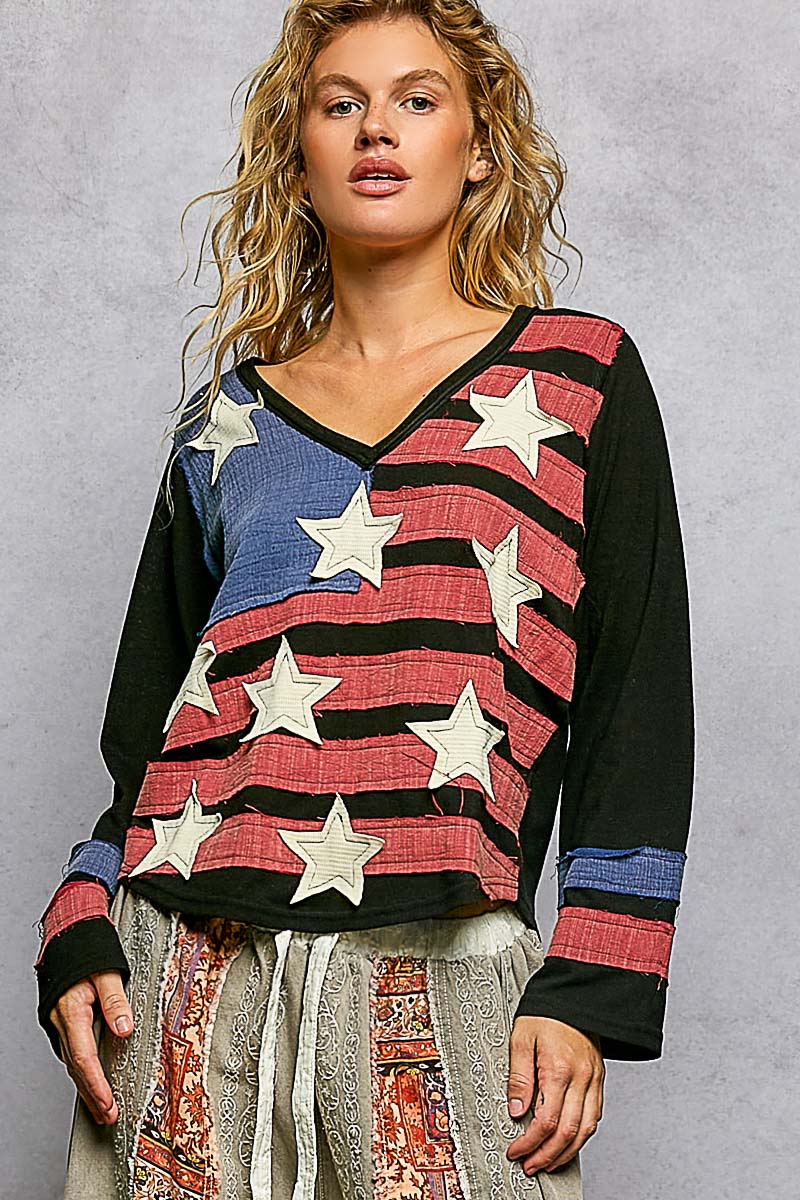 Vintage Washing V-Neck American Flag Patch Long Sleeve Top by POL (Ship time varies) - BFF Here