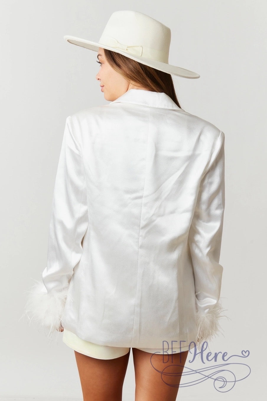 Glamorous Satin Blazer with Sleek Fur-Edged Sleeves - BFF Here