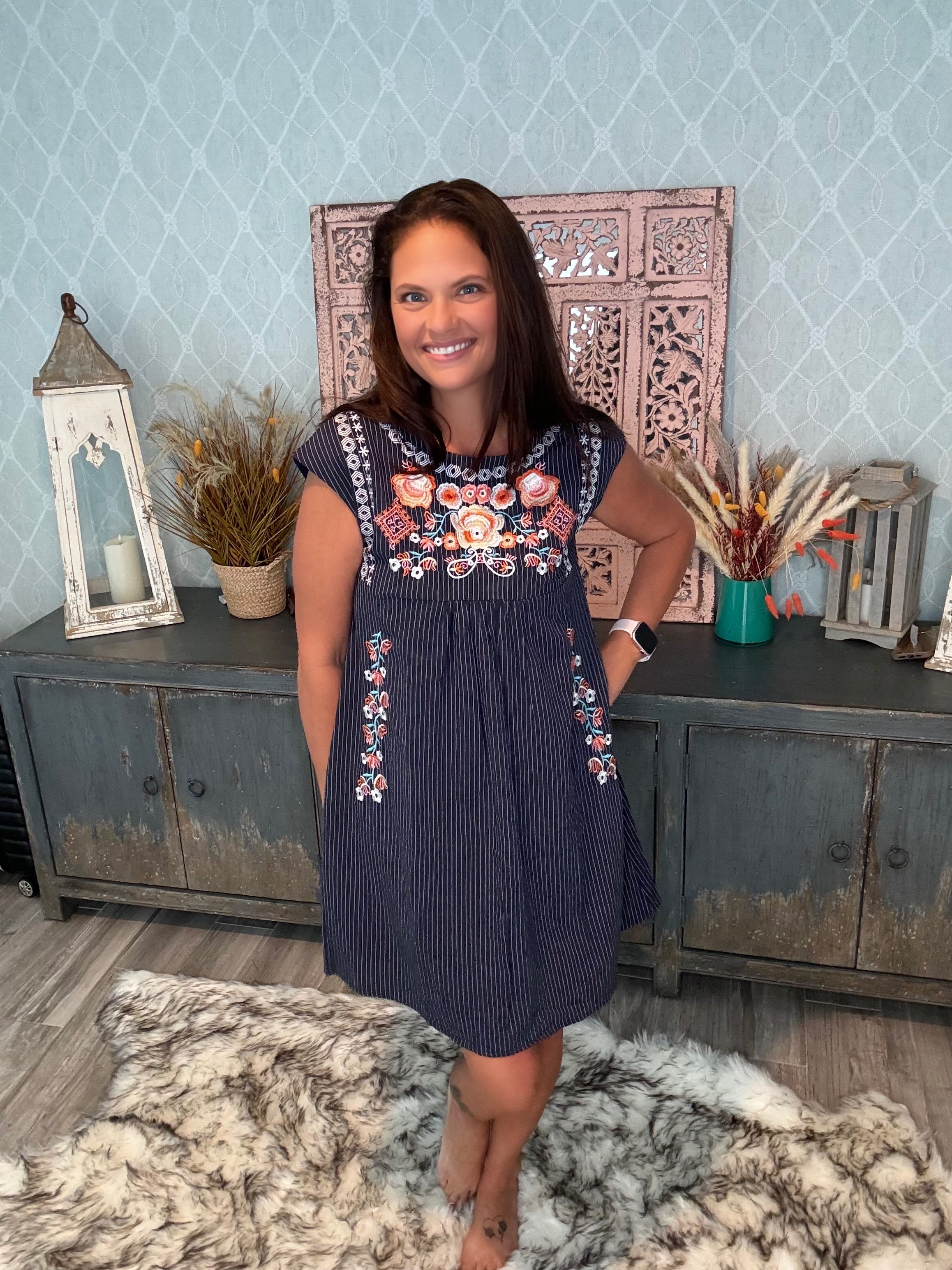 Folk Flair: Navy Sundress with a Pop of Floral Embroidery - BFF Here