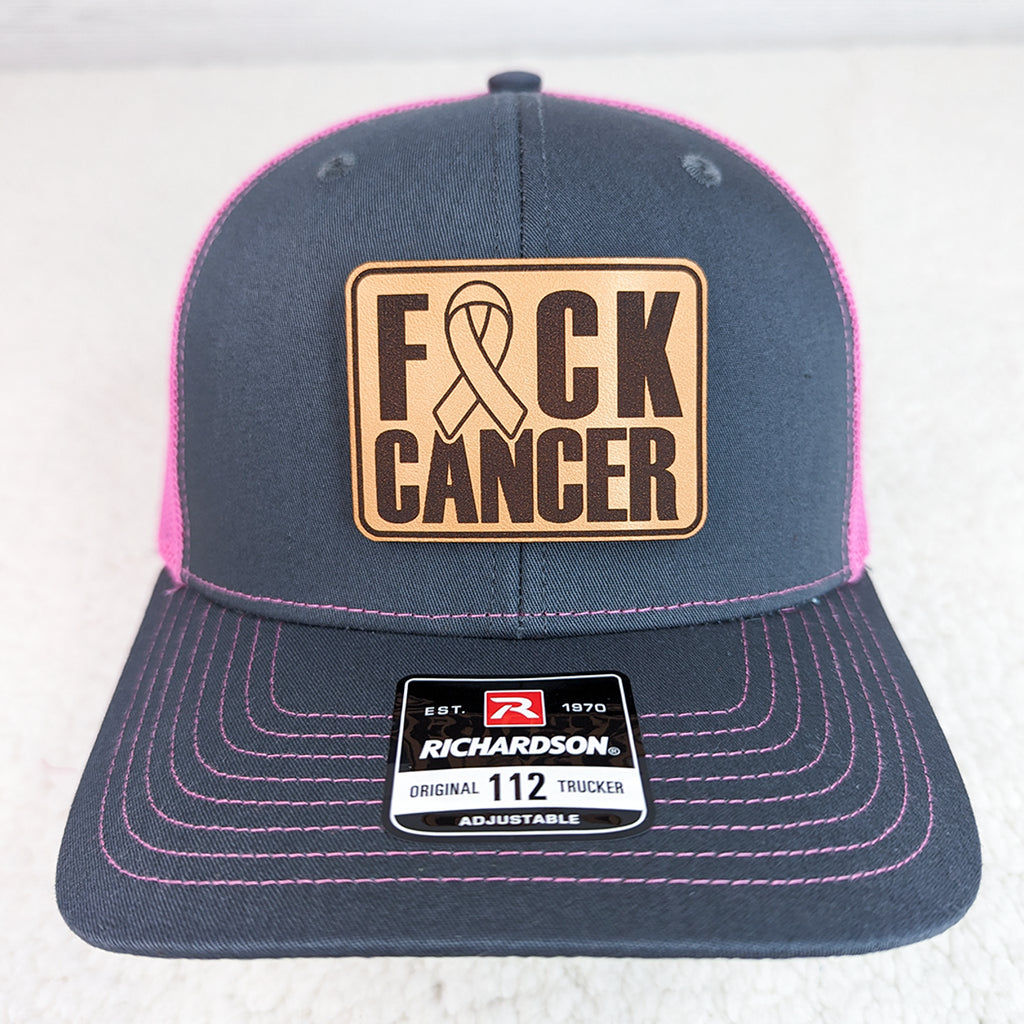 F*ck Cancer Leather Patch on Pink Trucker Cap - BFF Here
