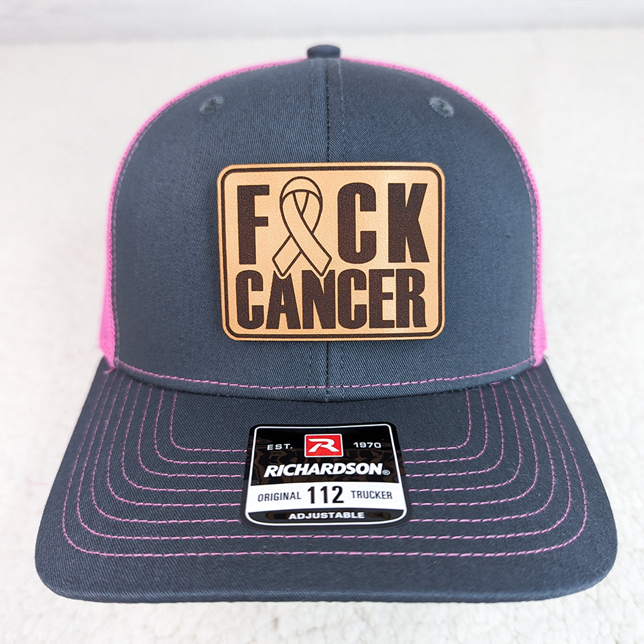 F*ck Cancer Leather Patch on Pink Trucker Cap - BFF Here