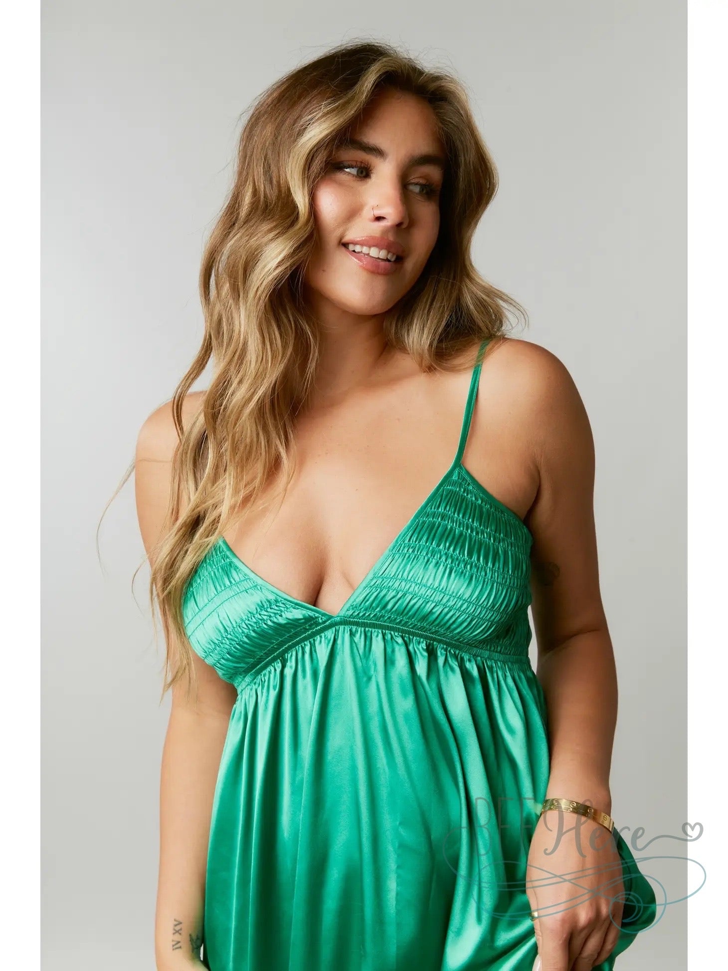 Enchanted Emerald: Luxurious Satin Babydoll Dress - BFF Here