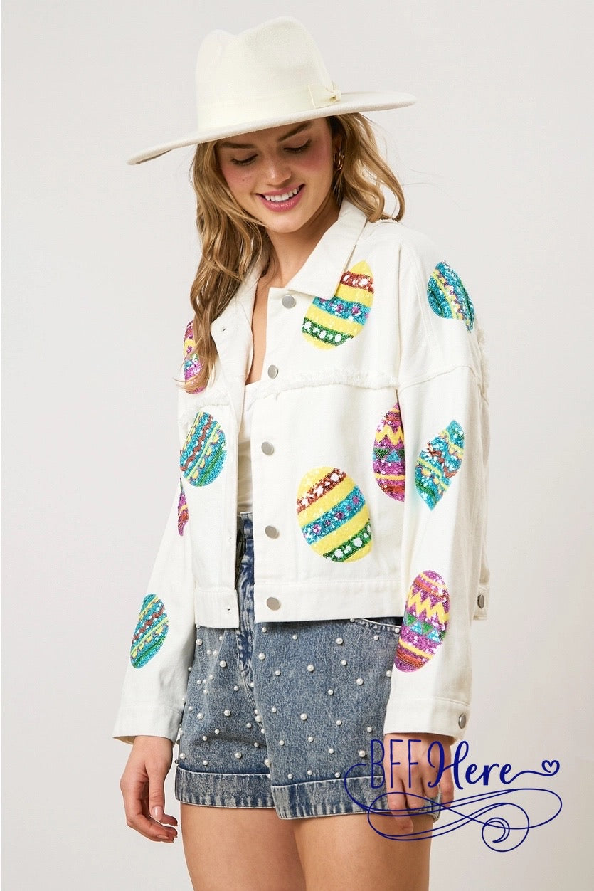 PREORDER: Egg-cellent Shine: Sequin Egg Twill Jacket (Ships End of February) - BFF Here