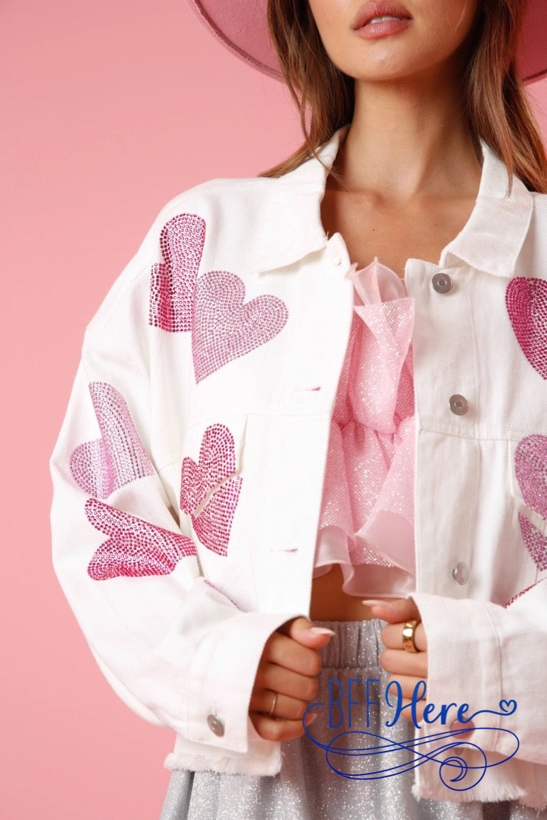 PREORDER: Denim Romance: Rhinestone Hearts Cropped Jacket (Ships End of January) - BFF Here