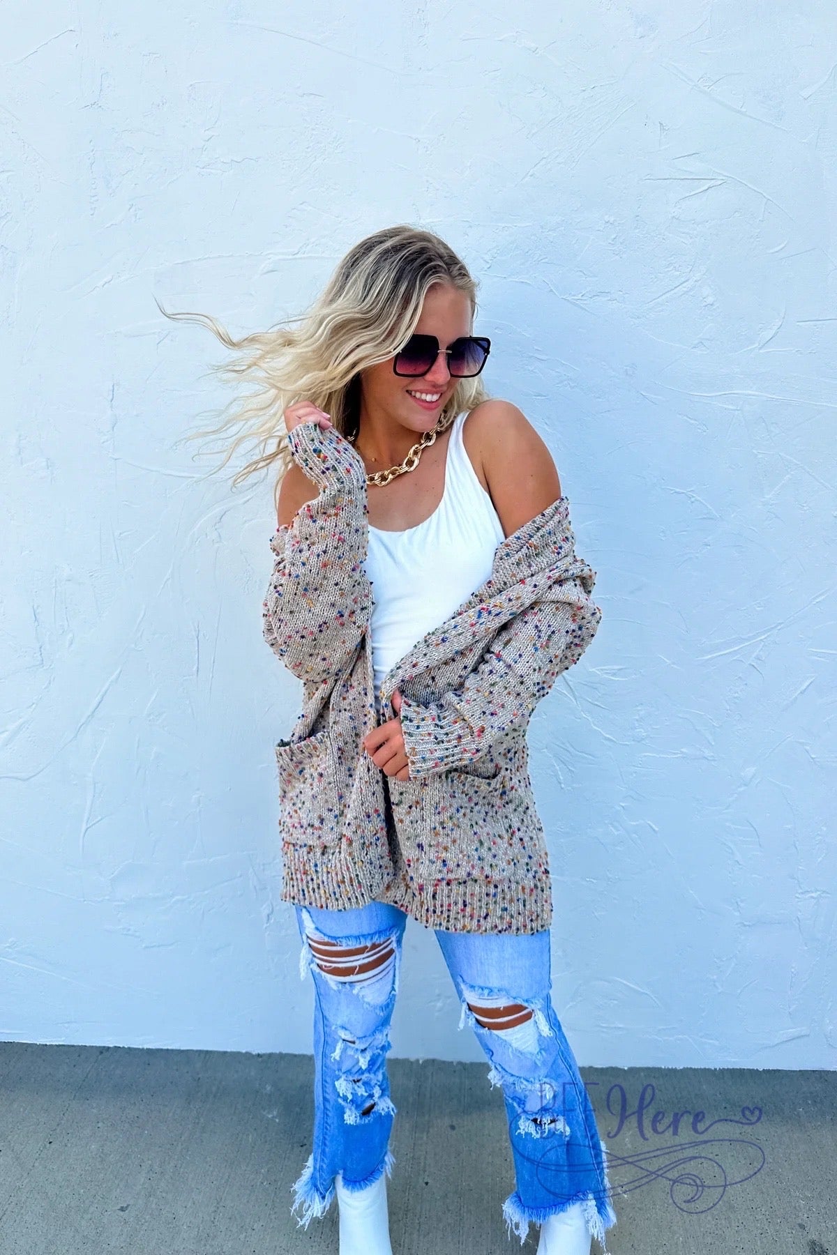 Cozy Meets Chic: The Chunky Dot Knit Cardigan - Tan - BFF Here