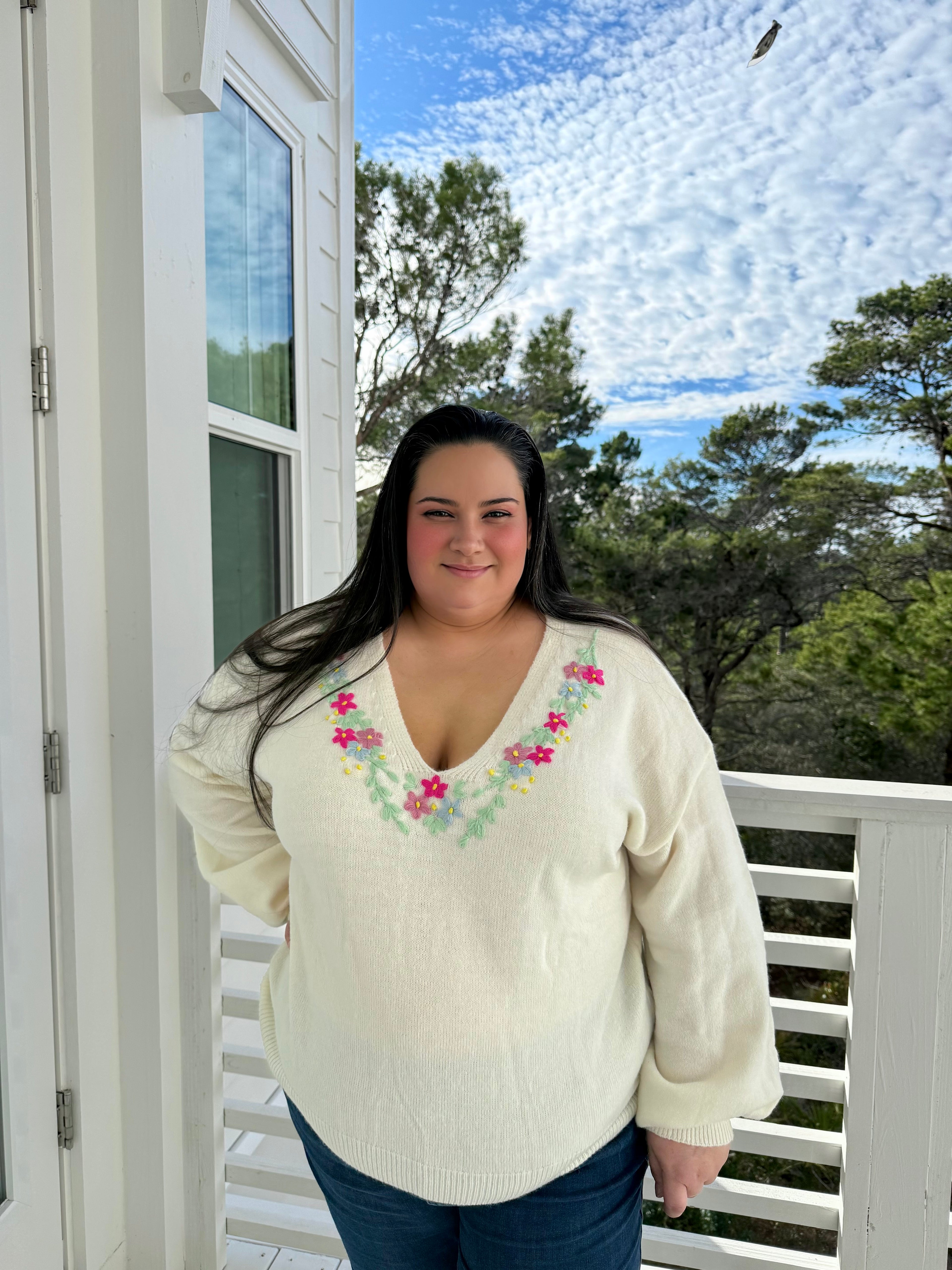 Relaxed Fit V Neck Sweater with Floral Embroidery by Sew In Love (Ships 2-3 weeks) - BFF Here