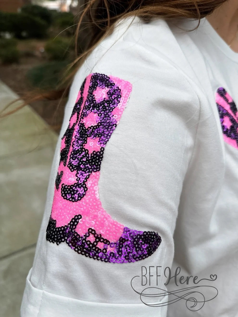 Country Sparkle: Sequined Cowgirl Boots Tee for a Glitzy Rodeo - BFF Here