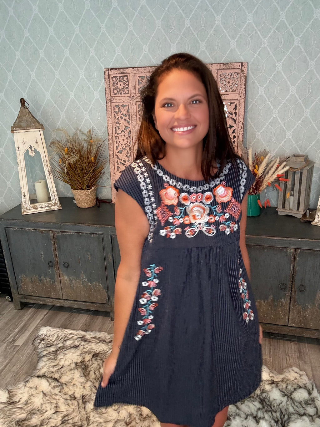 Folk Flair: Navy Sundress with a Pop of Floral Embroidery - BFF Here