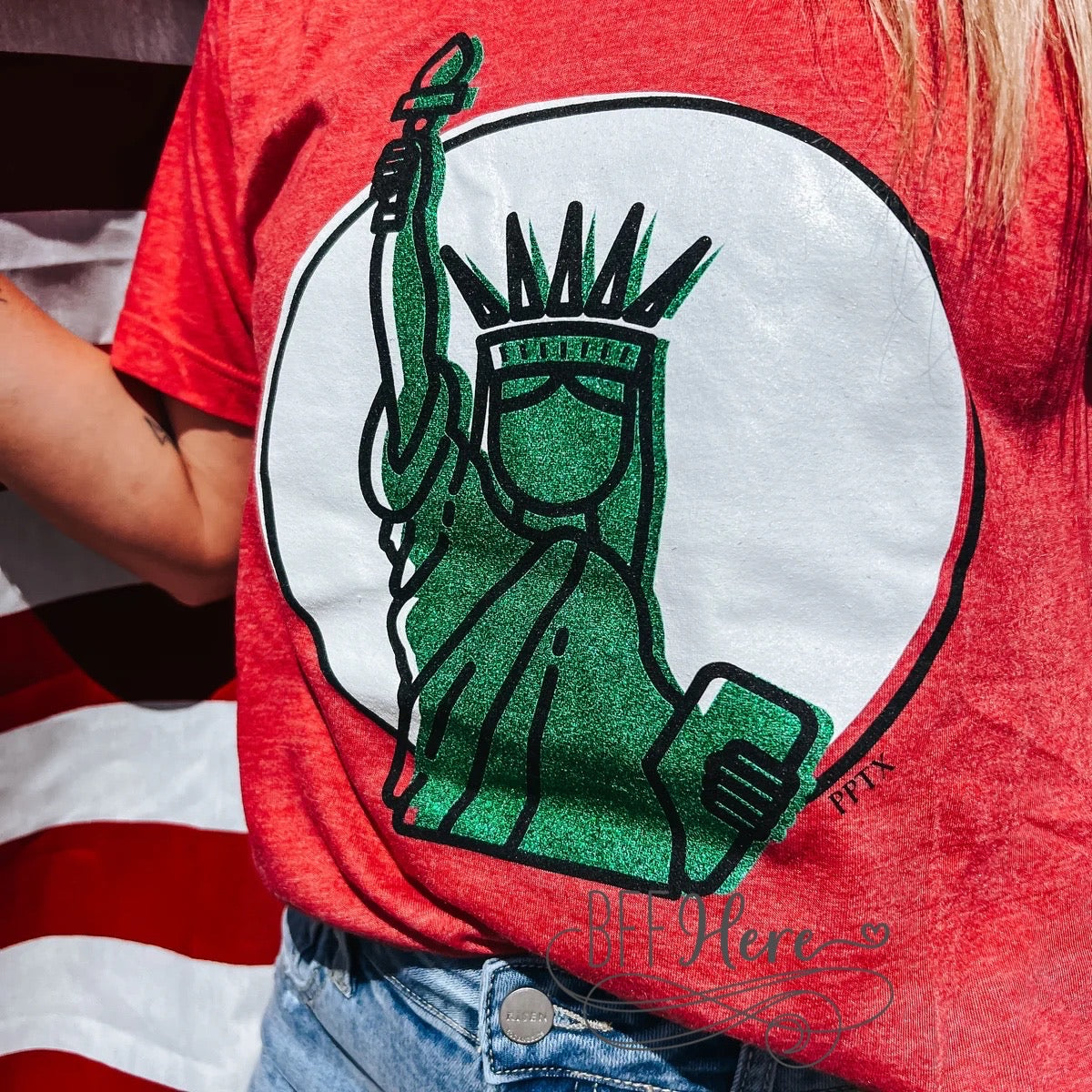 Twinkling Tribute: Glittery Lady Liberty Tee - BFF Here