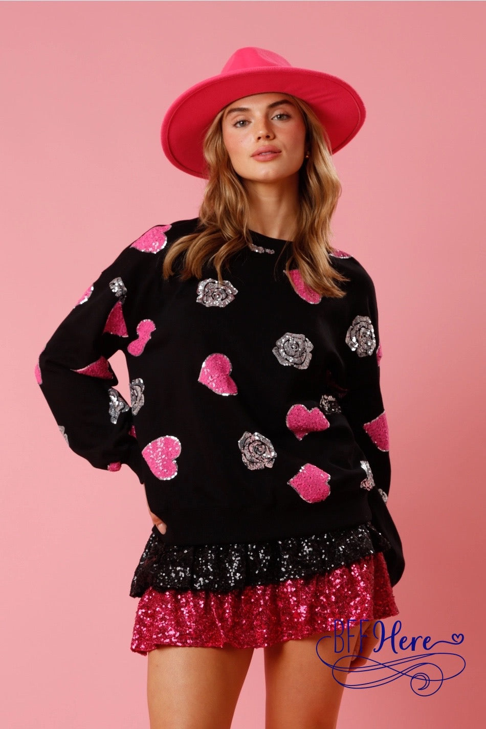 Rosy Romance: Sequined Rose and Hearts Pullover - BFF Here