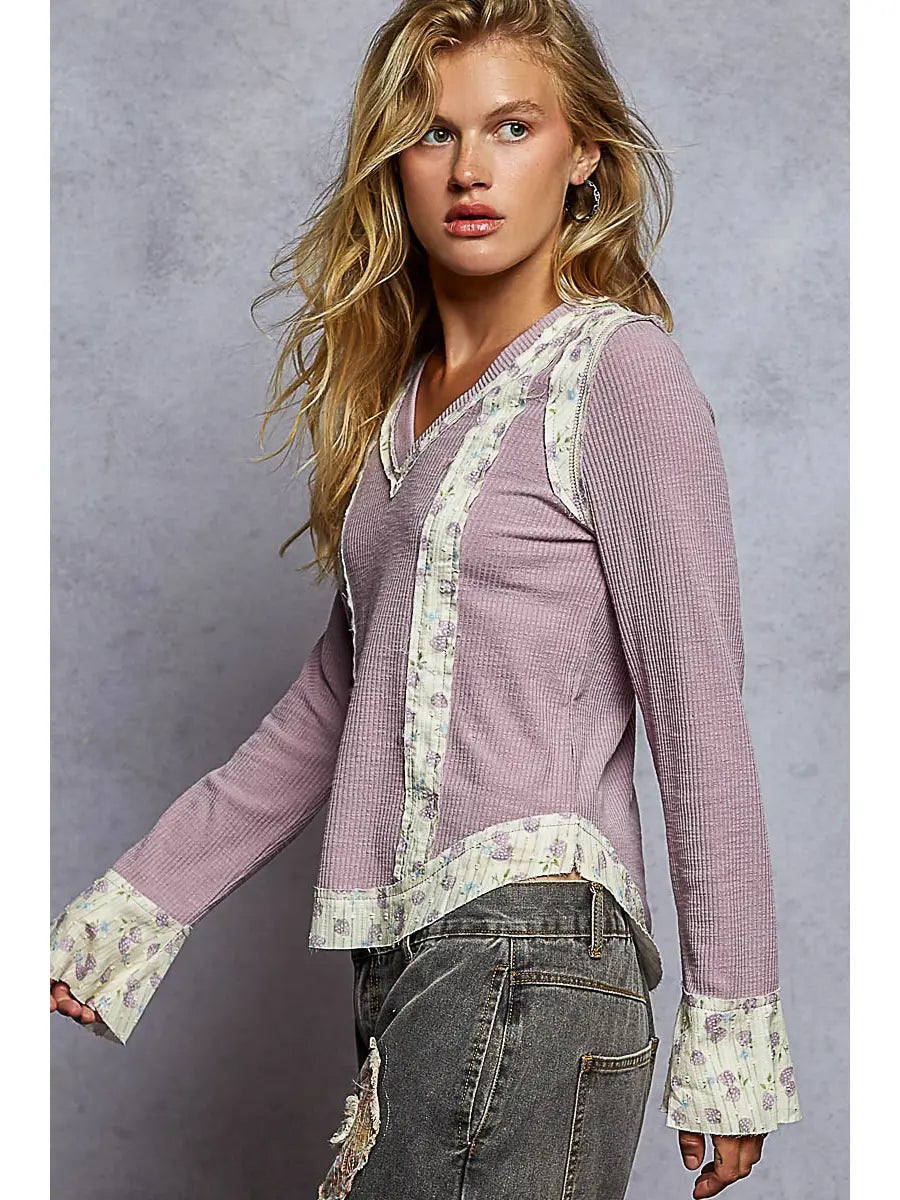 Long Sleeve V Neck Print Patch Ruffle Rib Knit Top by POL (Ships 2-3 weeks) - BFF Here