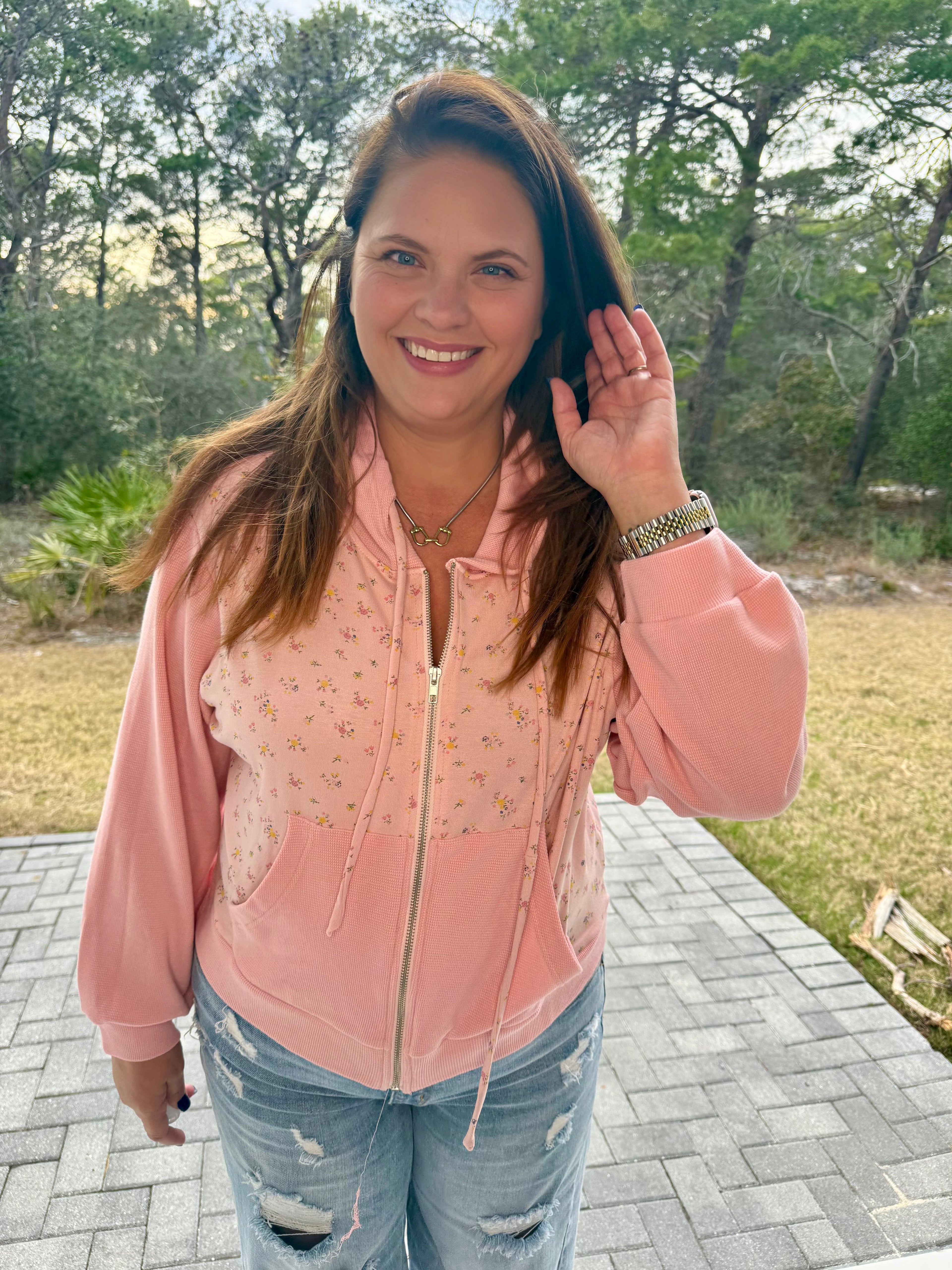 Thermal Contrast Cozy Texture Floral Print Knit Hoodie Top by POL (Ships 2-3 weeks) - BFF Here