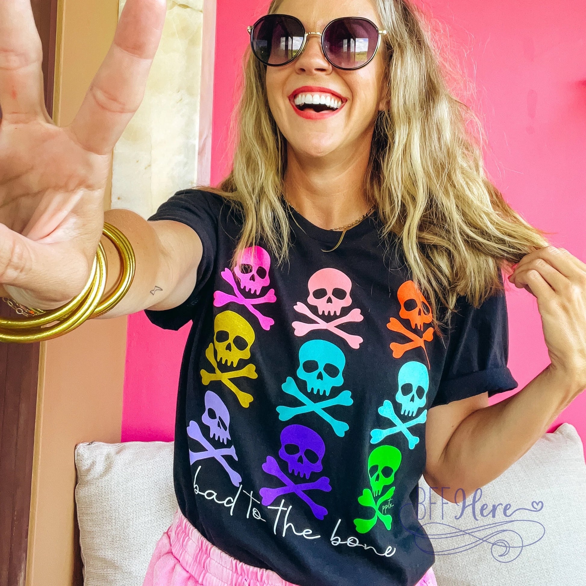 Spooky Vibes, Bright Hues: The 'Bad to the Bone' Colorful T-Shirt - BFF Here