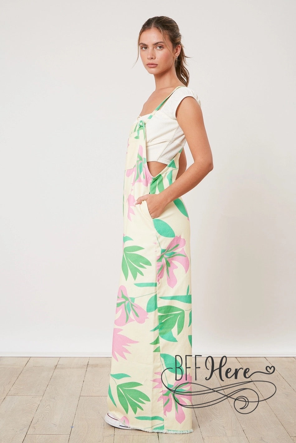 PREORDER: Island Breeze: Tropical Print Denim Jumpsuit (Ships End of April) - BFF Here