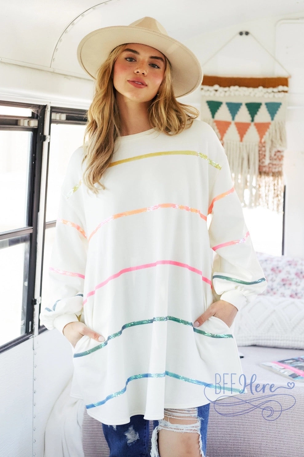 Colorful Allure: Rainbow Sequin Stripe Top for Vibrant Style - BFF Here
