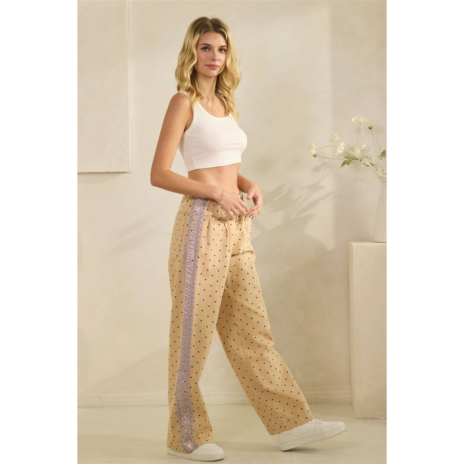 Polka Dot Pants with Satin Contrast Accents - BFF Here