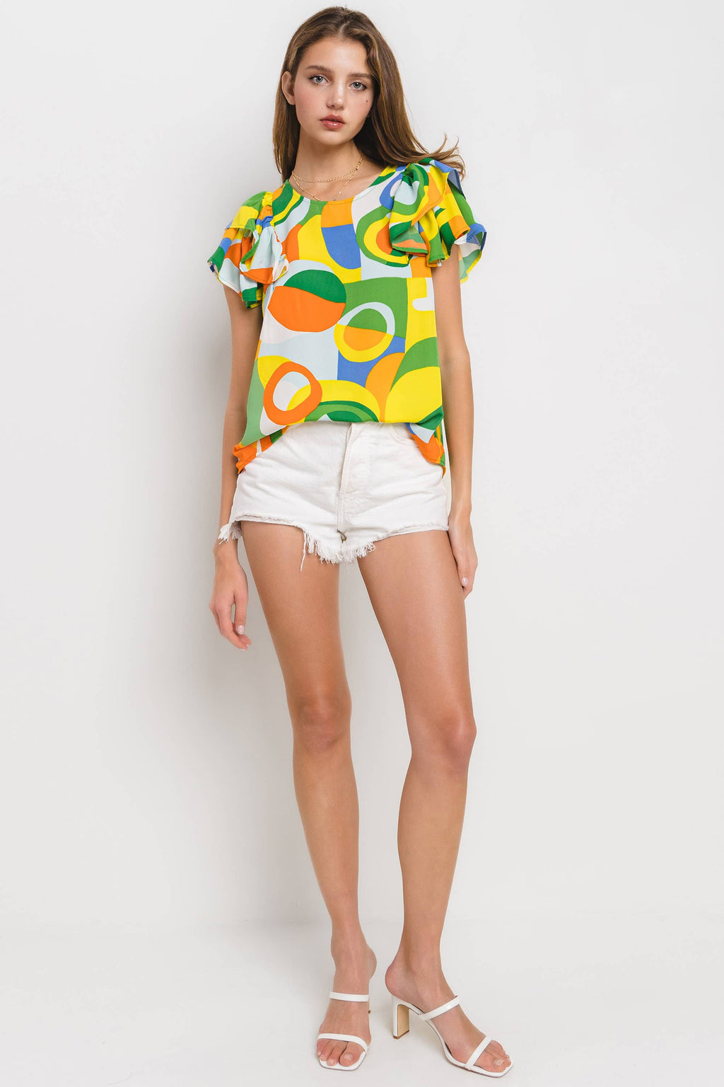 Abstract Sunshine Geometric Ruffle Sleeve Top / Choice of Color - BFF Here