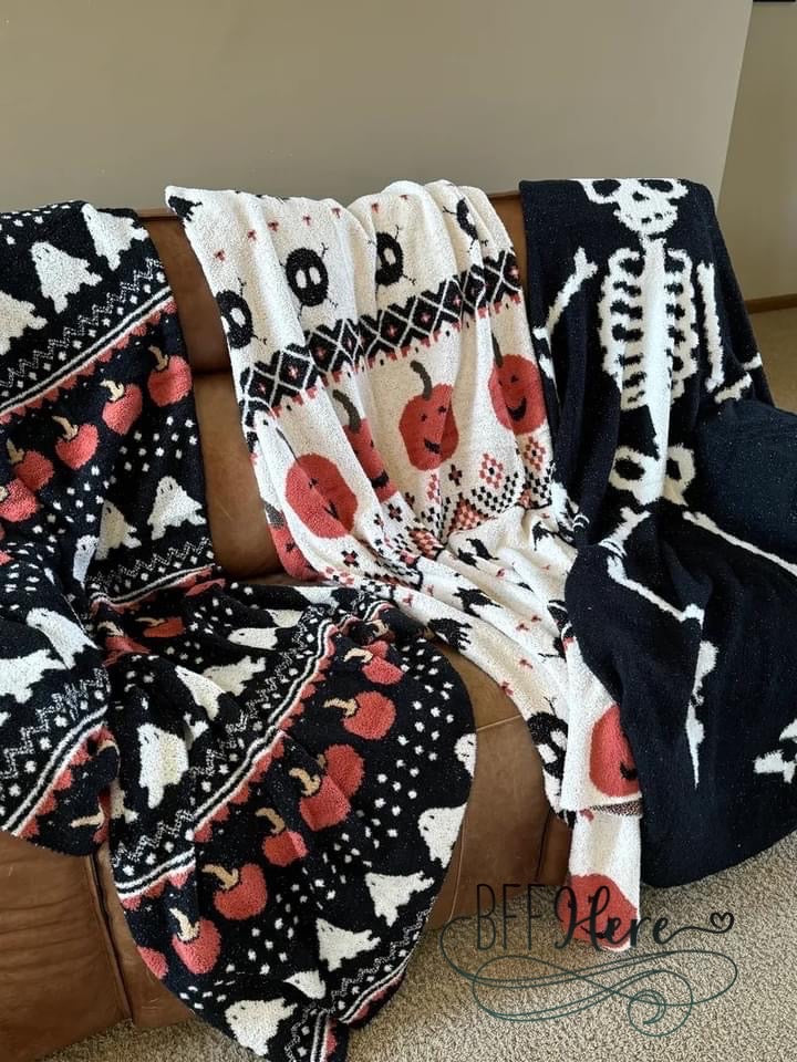 PREORDER: Spooky Snuggles Halloween Faire Isles Blanket / White (Ships Middle of September) - BFF Here