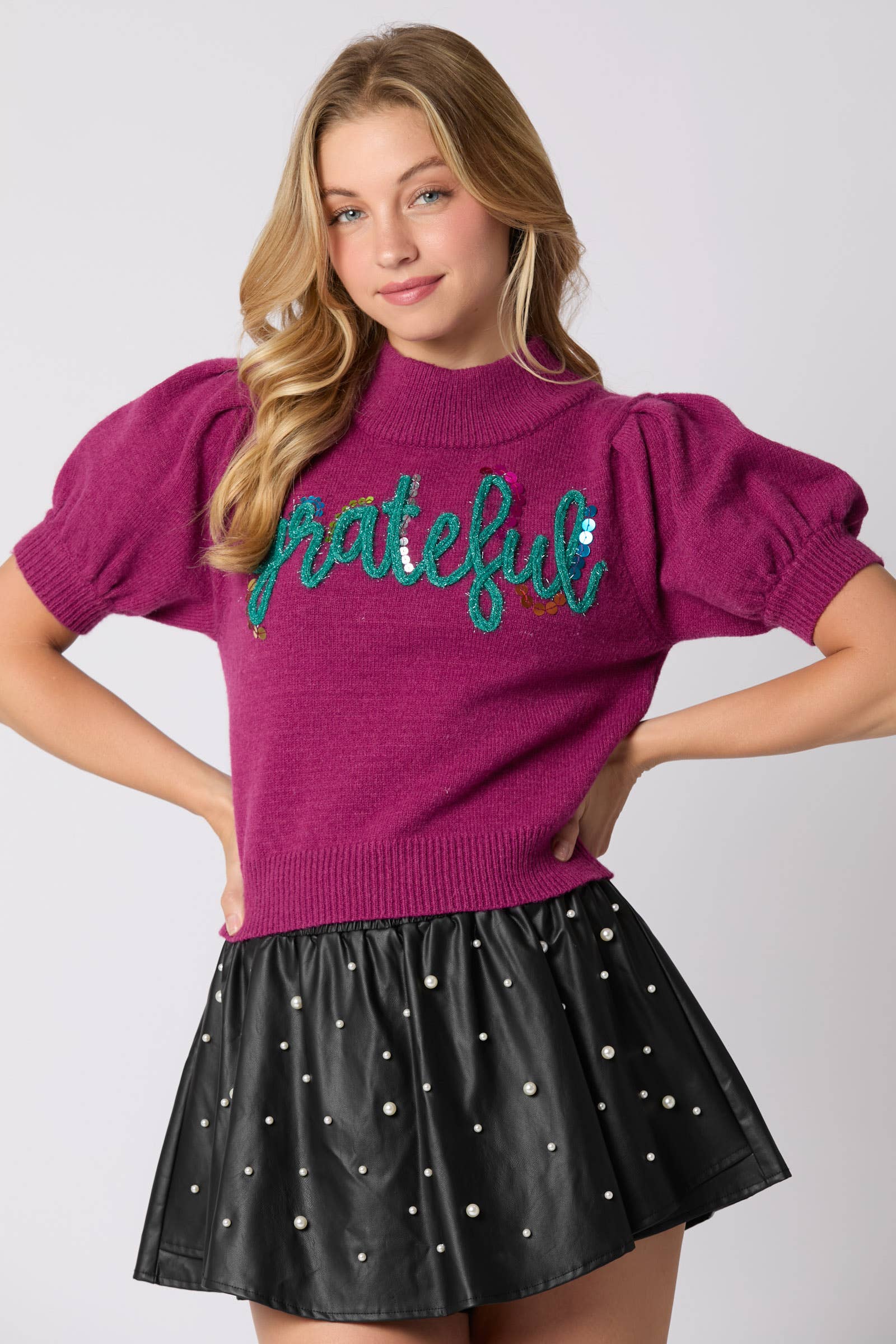 'Grateful' Puff Short Sleeve Sweater - BFF Here