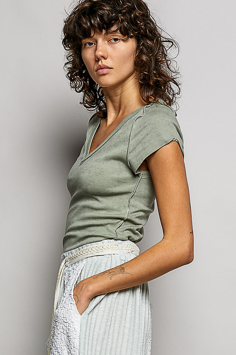 Vintage Wash V Neck Cotton Slim Fit Tee Top by POL (Ships 2-3 weeks) - BFF Here