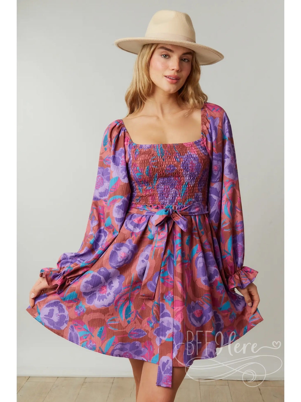 Romantic Garden: Whimsical Floral Smocked Dress with Chic Puff Sleeves - BFF Here