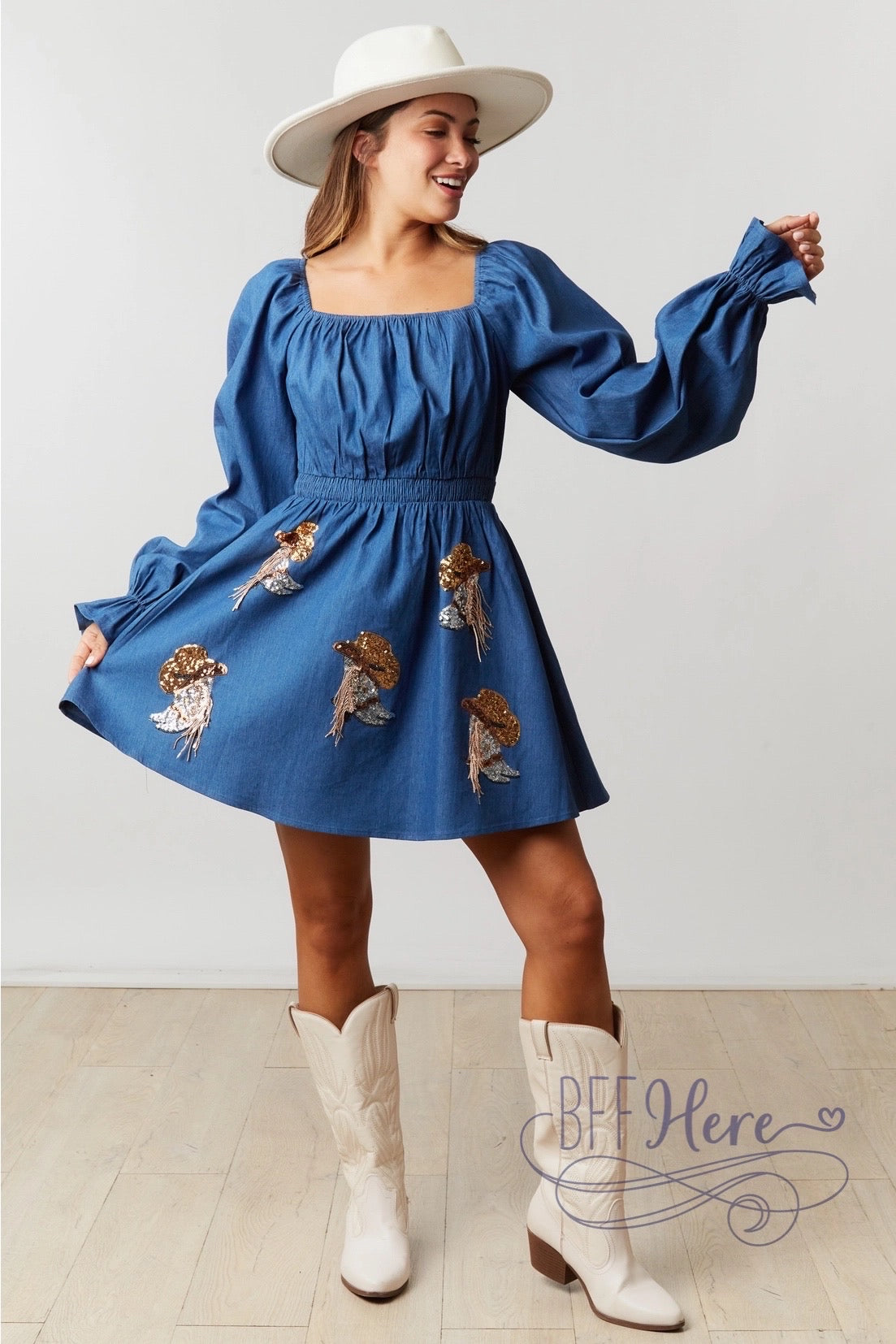 Cowgirl Couture: Denim Puff Sleeve Dress Featuring Boot and Hat Accents - BFF Here