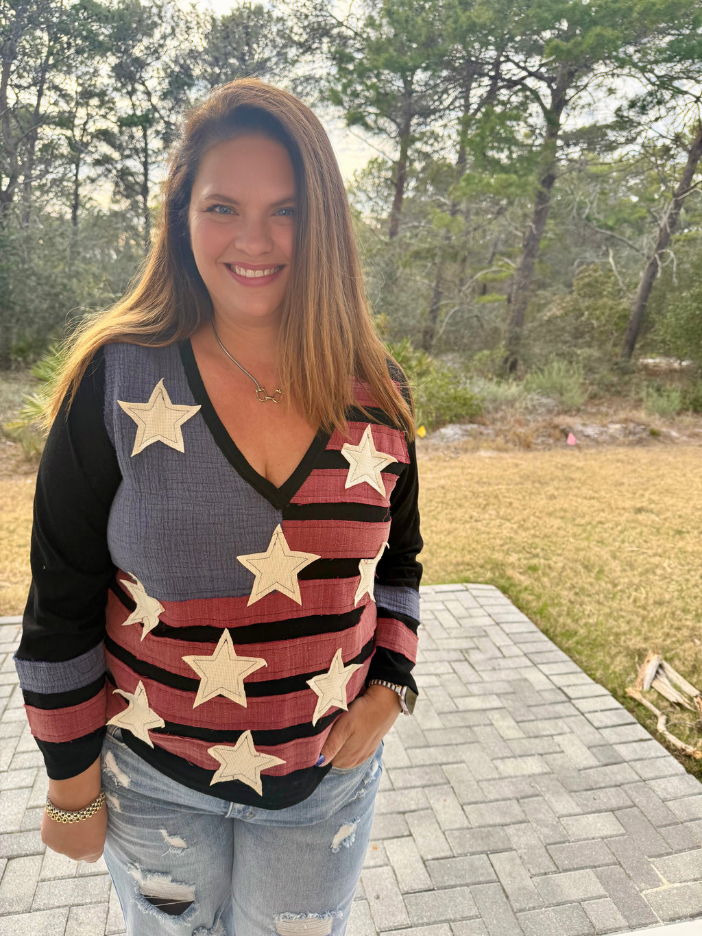 Vintage Washing V-Neck American Flag Patch Long Sleeve Top by POL (Ship time varies) - BFF Here