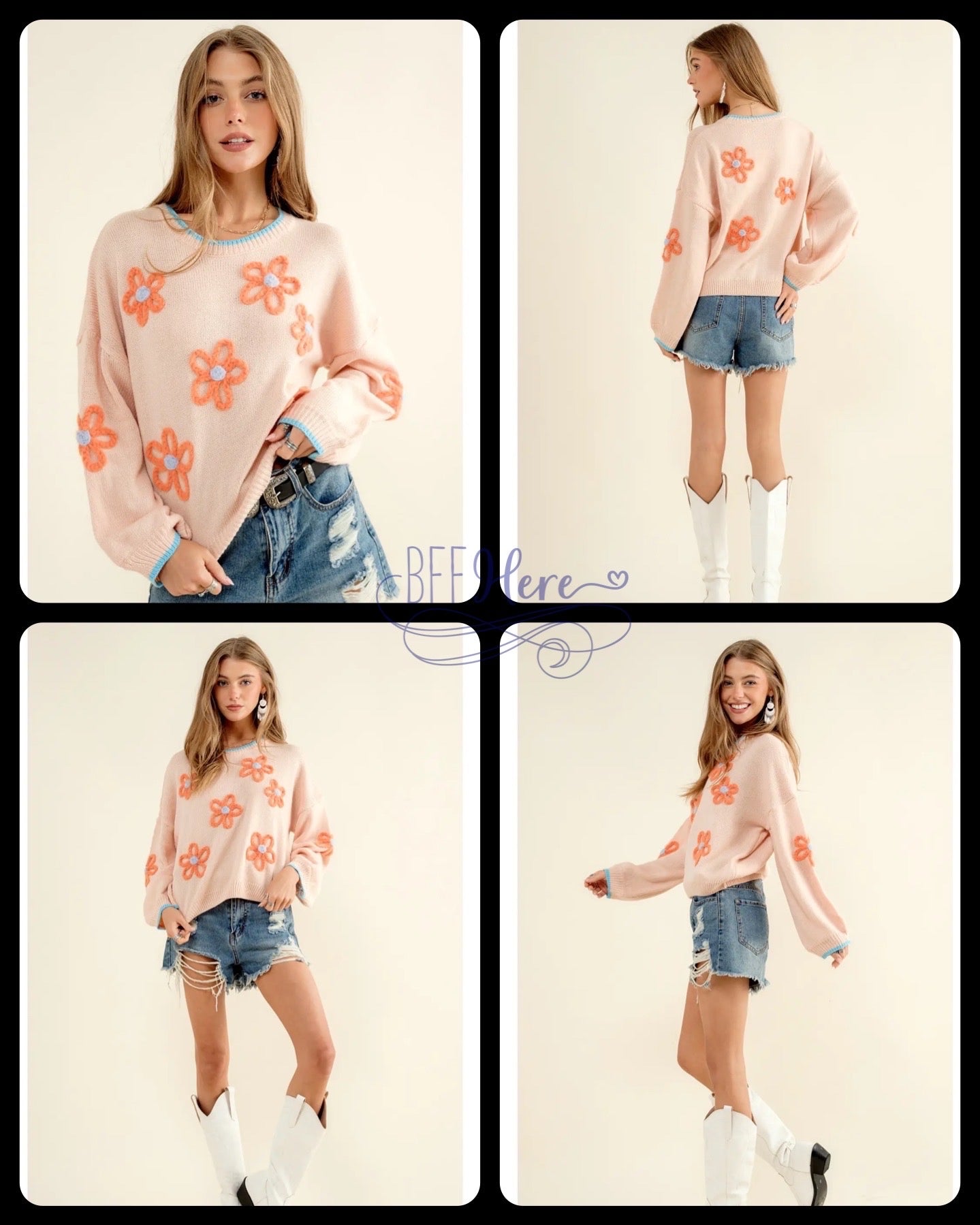 PREORDER:  Blossom Bliss: Sweater Pullover with Flower Accents (Ships End of August) - BFF Here