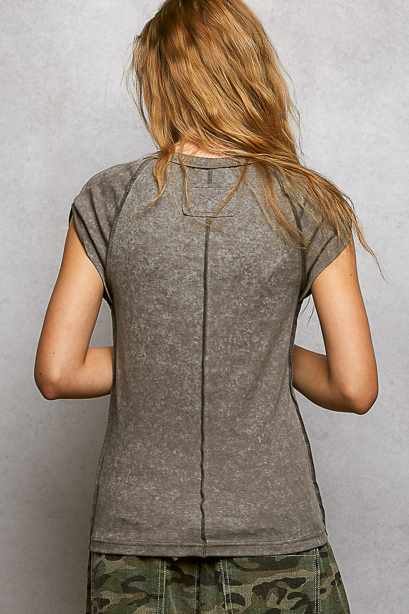 Vintage Wash V Neck Cotton Slim Fit Tee Top by POL (Ships 2-3 weeks)