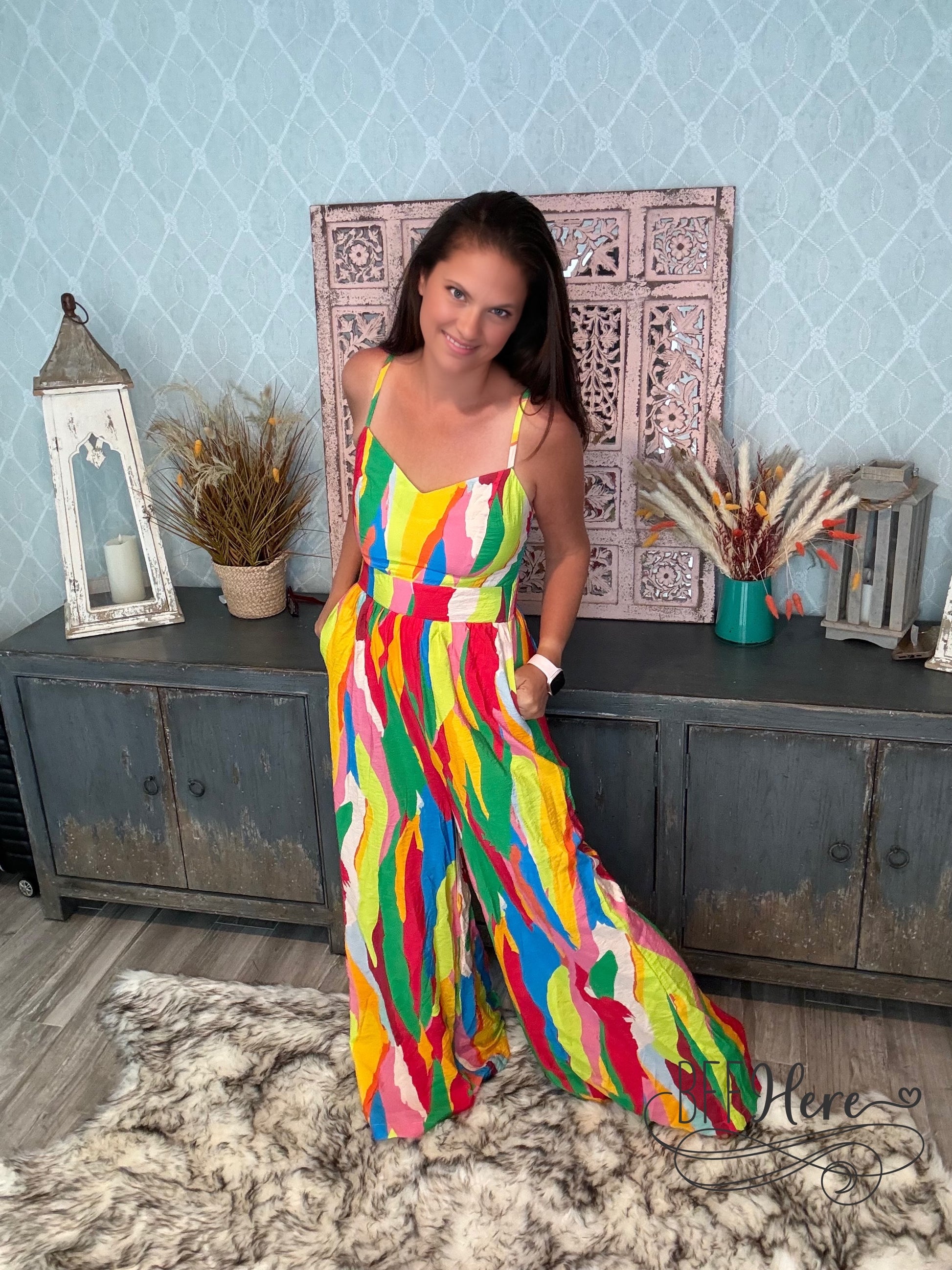 Rainbow Splash Spaghetti Strap Jumpsuit - BFF Here